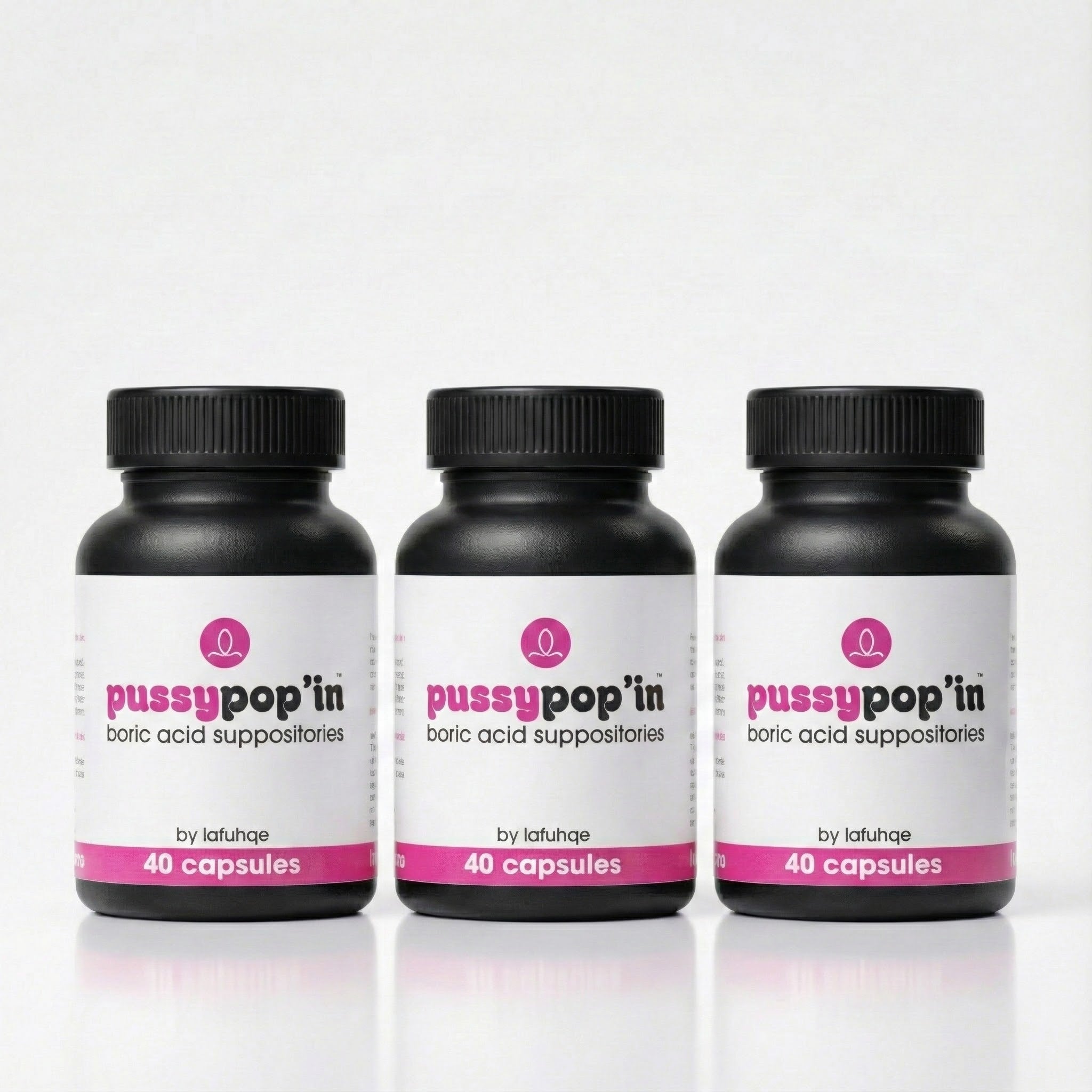 Three bottles of 'pussypop'in' boric acid suppositories on a white background