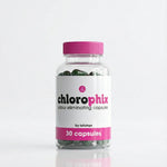 Bottle of chlorophix odor eliminating capsules with a pink cap on a white background