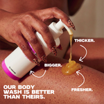 Hand applying a bottle of body wash with text highlighting benefits on a brown background