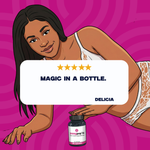 Cartoon woman holding a bottle with 'Magic in a Bottle' text on a pink background