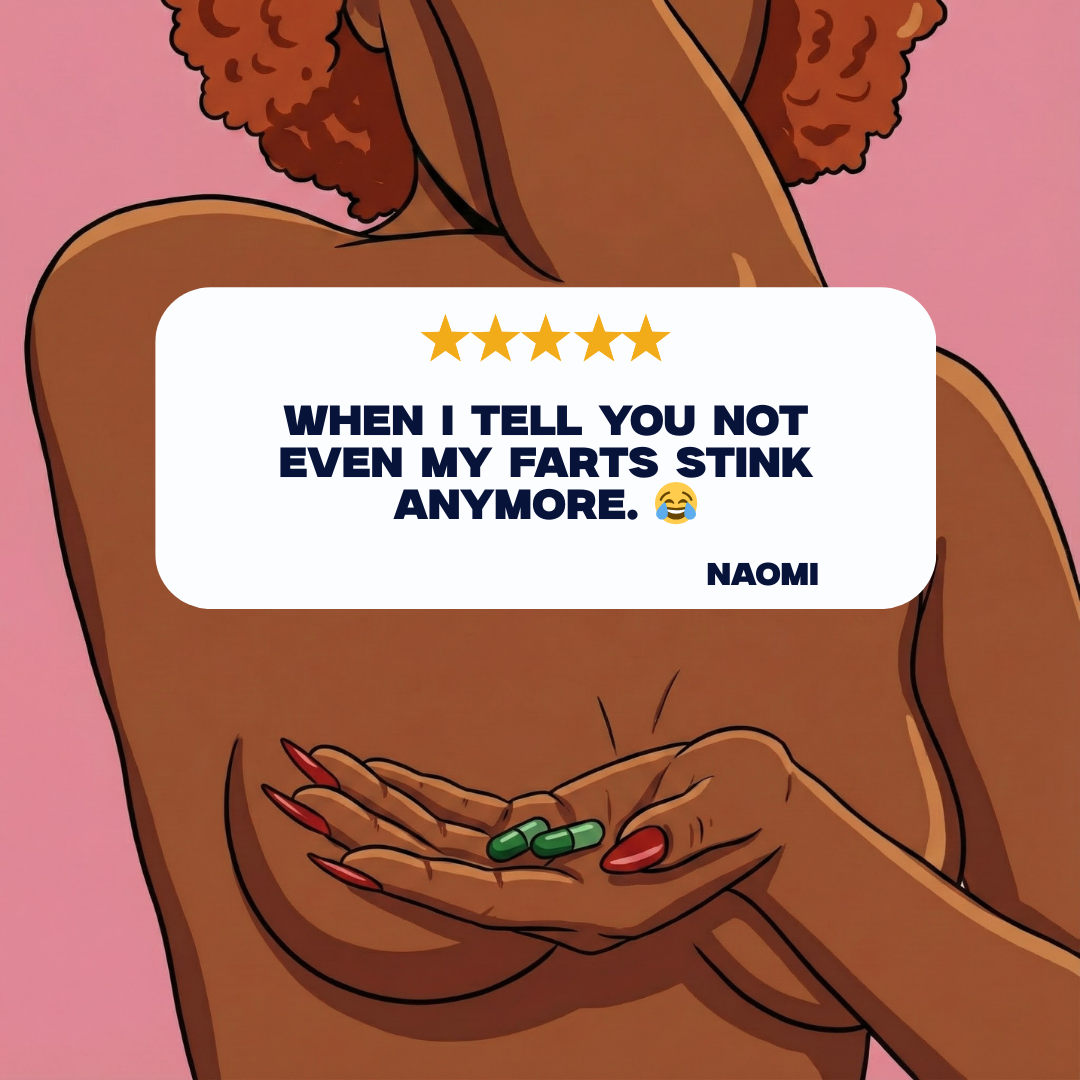 Cartoon character holding two green pills with a humorous message on a pink background