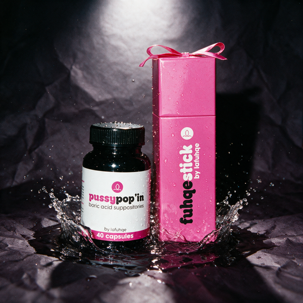 Fuhqe Stick and PoosyPop'in Tight and Wet bundle with splash on near-black plum backdrop