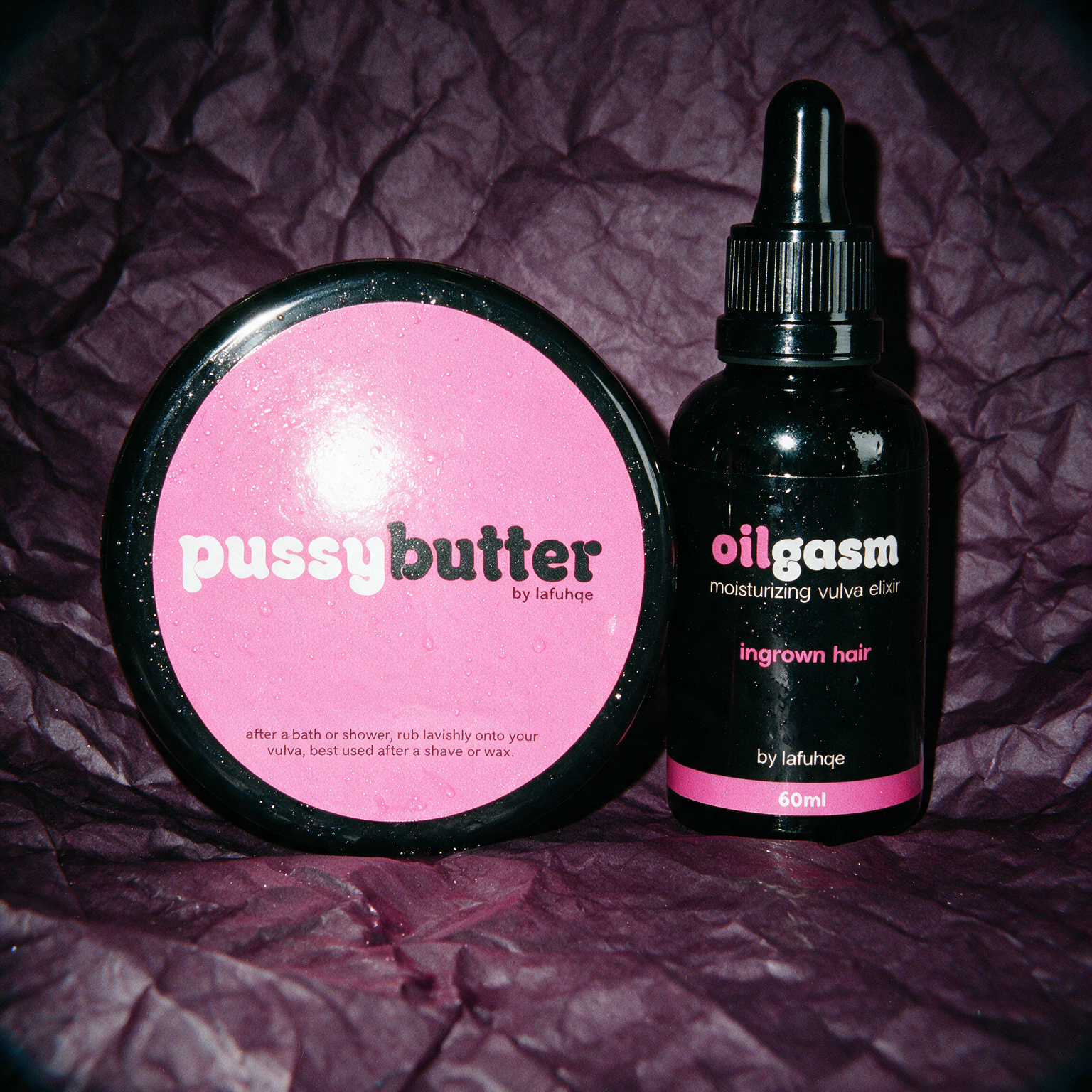 PoosyButter with Oilgasm combo on deep plum crumpled paper