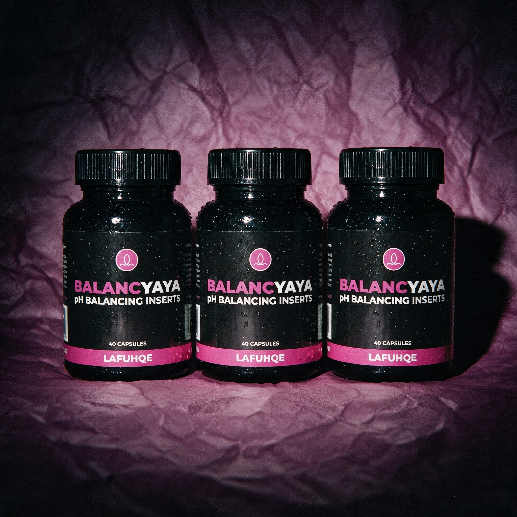 Balancyaya pH Balancing Inserts three bottle pack by LAFUHQE on plum paper