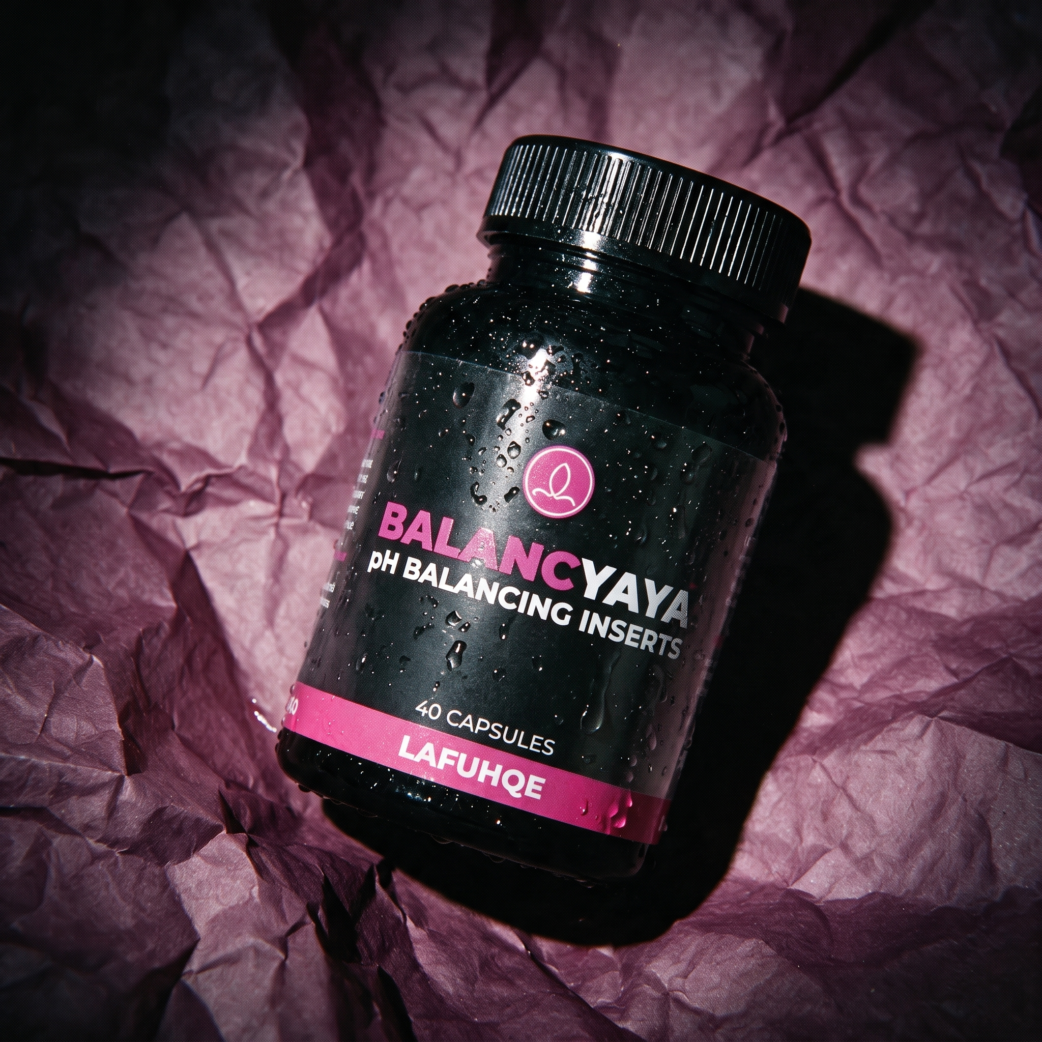 Balancyaya pH Balancing Inserts by LAFUHQE on plum paper, 40 capsules