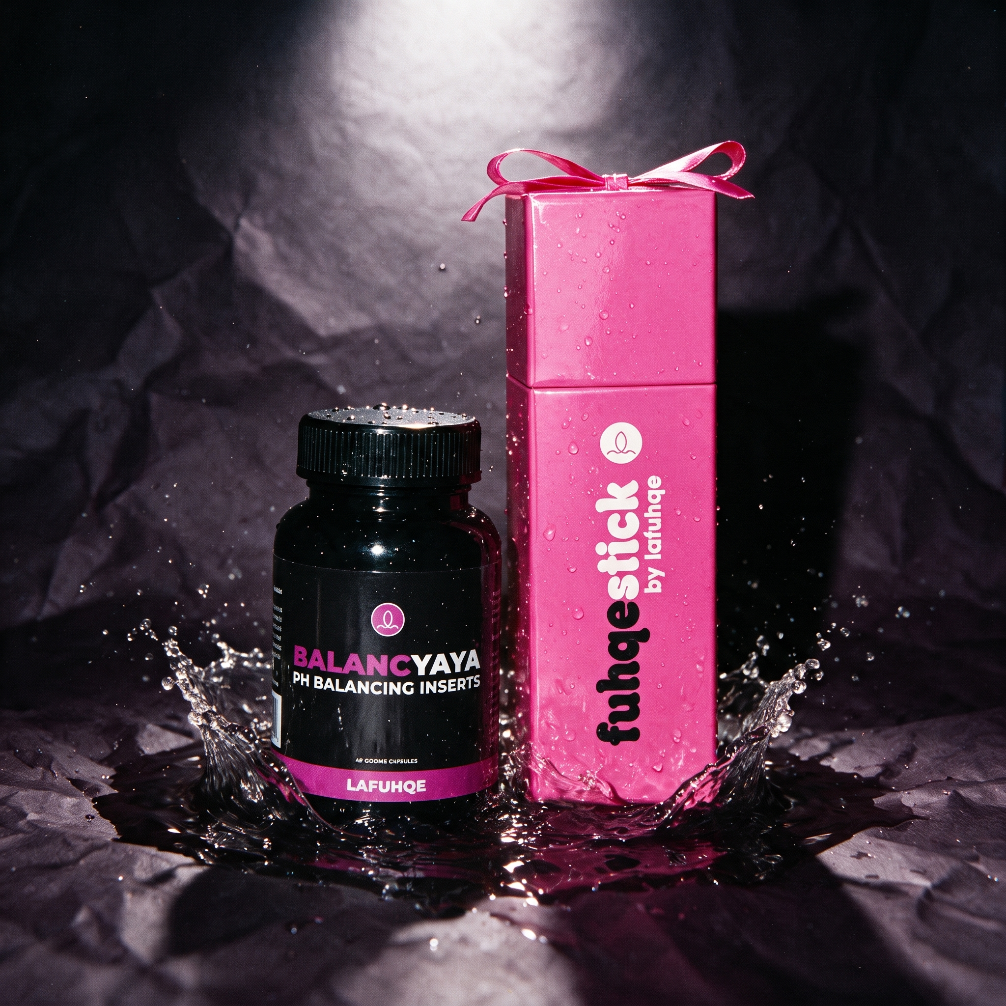 Fuhqe Stick and Balancyaya Tight and Wet bundle with splash on near-black plum backdrop