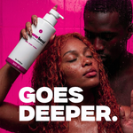 Person applying hair product to another person with a pink background and text 'GOES DEEPER'.