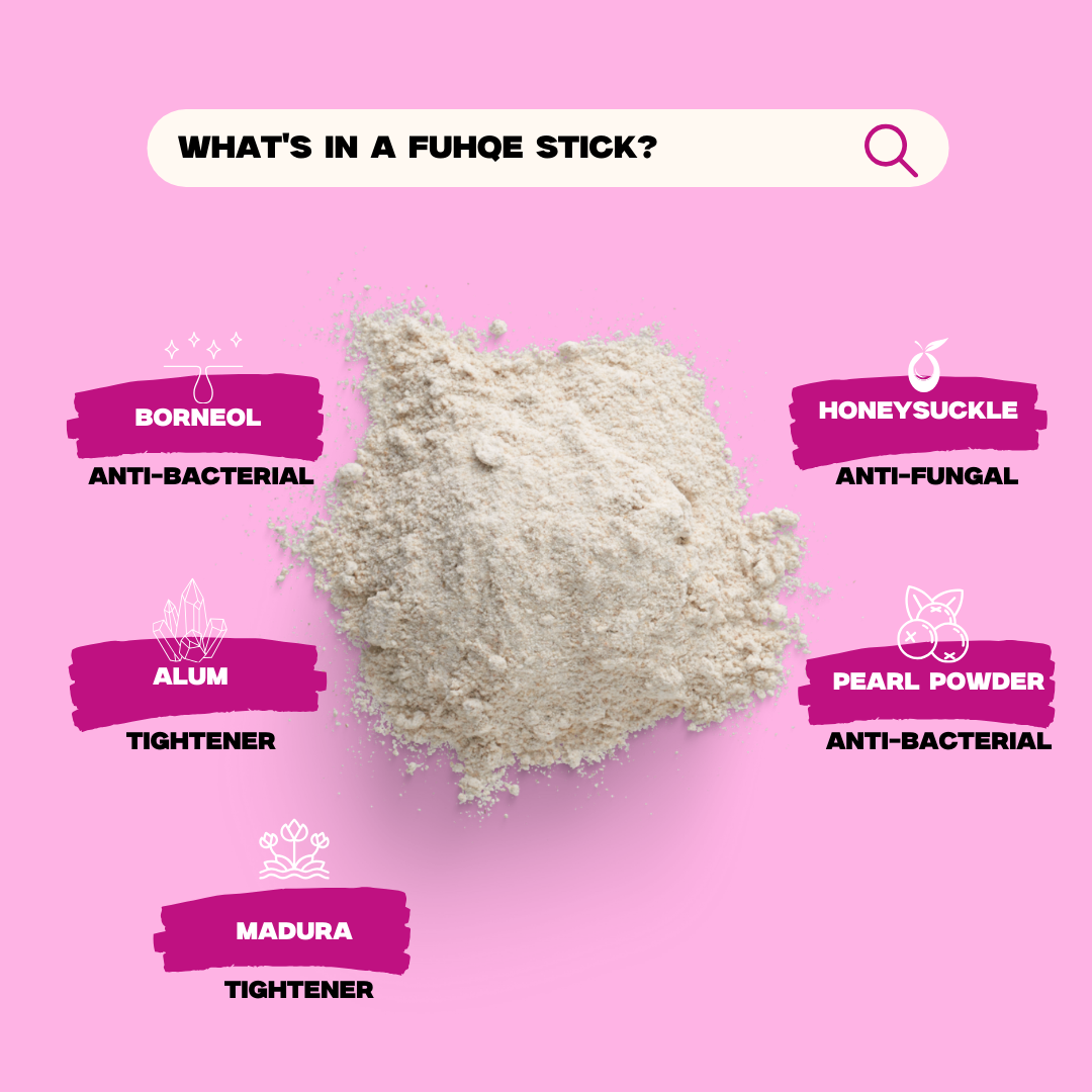 Ingredients of a Fuhqe stick on a pink background with labels.